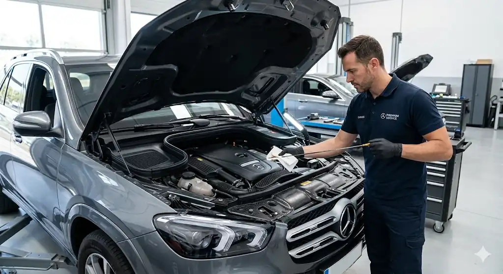 Revisión Mercedes GLE en Valdebebas​, capo abierto.