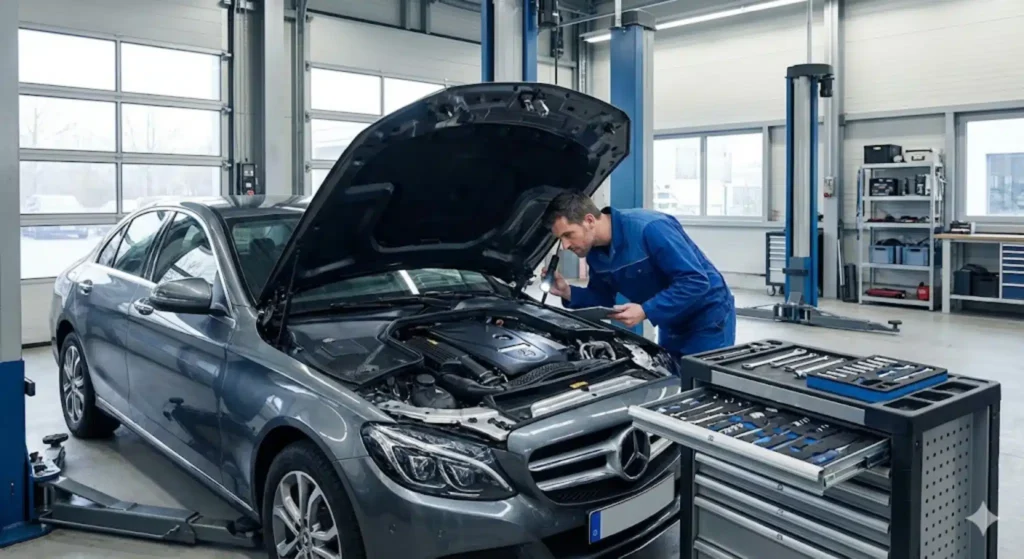 Mecánico haciendo la Revisión Mercedes Clase C en Valdebebas