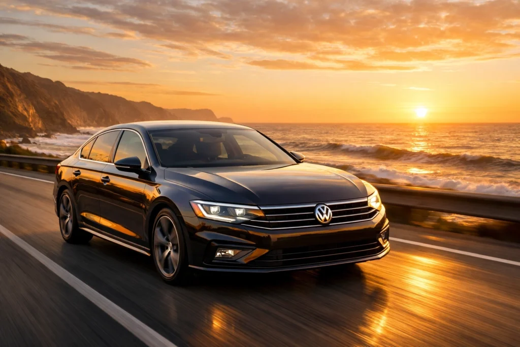 Taller Volkswagen en Valdebebas 1 Taller Volkswagen en Valdebebas: Volkswagen oscuro circulando por una carretera junto a la costa al atardecer
