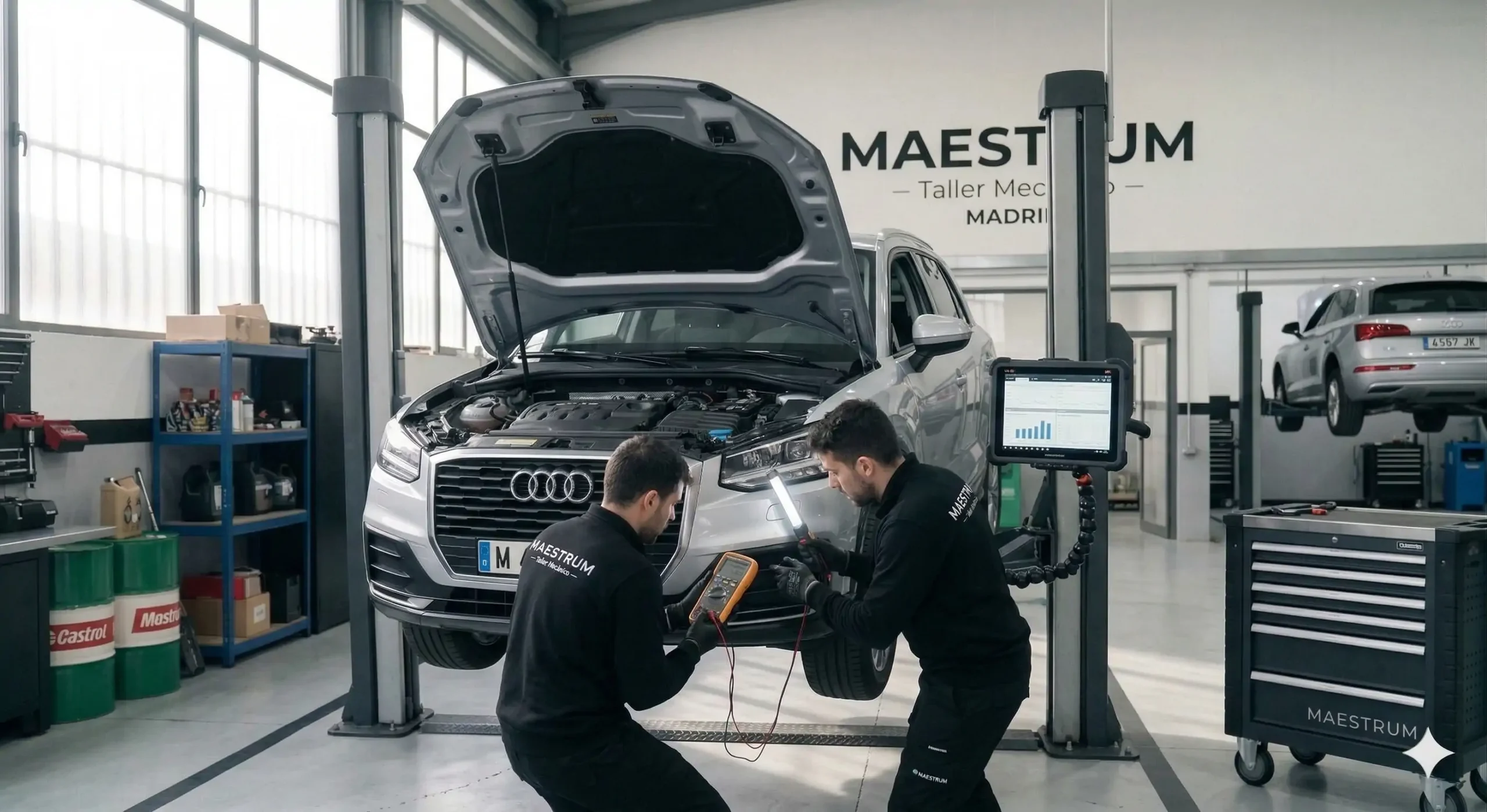 Imagen ilustrativa de un Audi en un entorno de taller con personal junto al vehículo