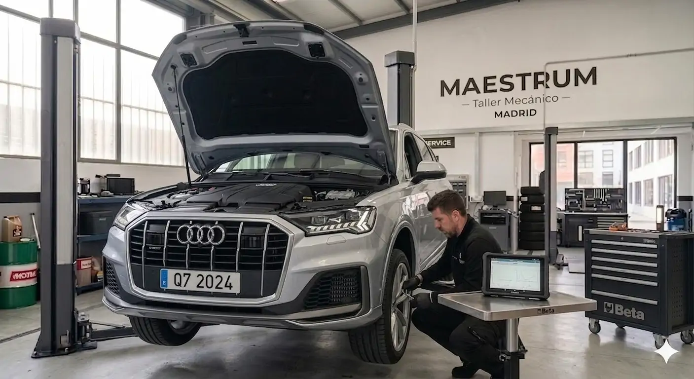 Taller Audi en Valdebebas 5 Imagen ilustrativa de un SUV Audi con un técnico junto a la rueda delantera